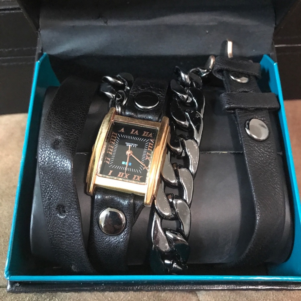 LA MER leather black chain bracelet wrap watch